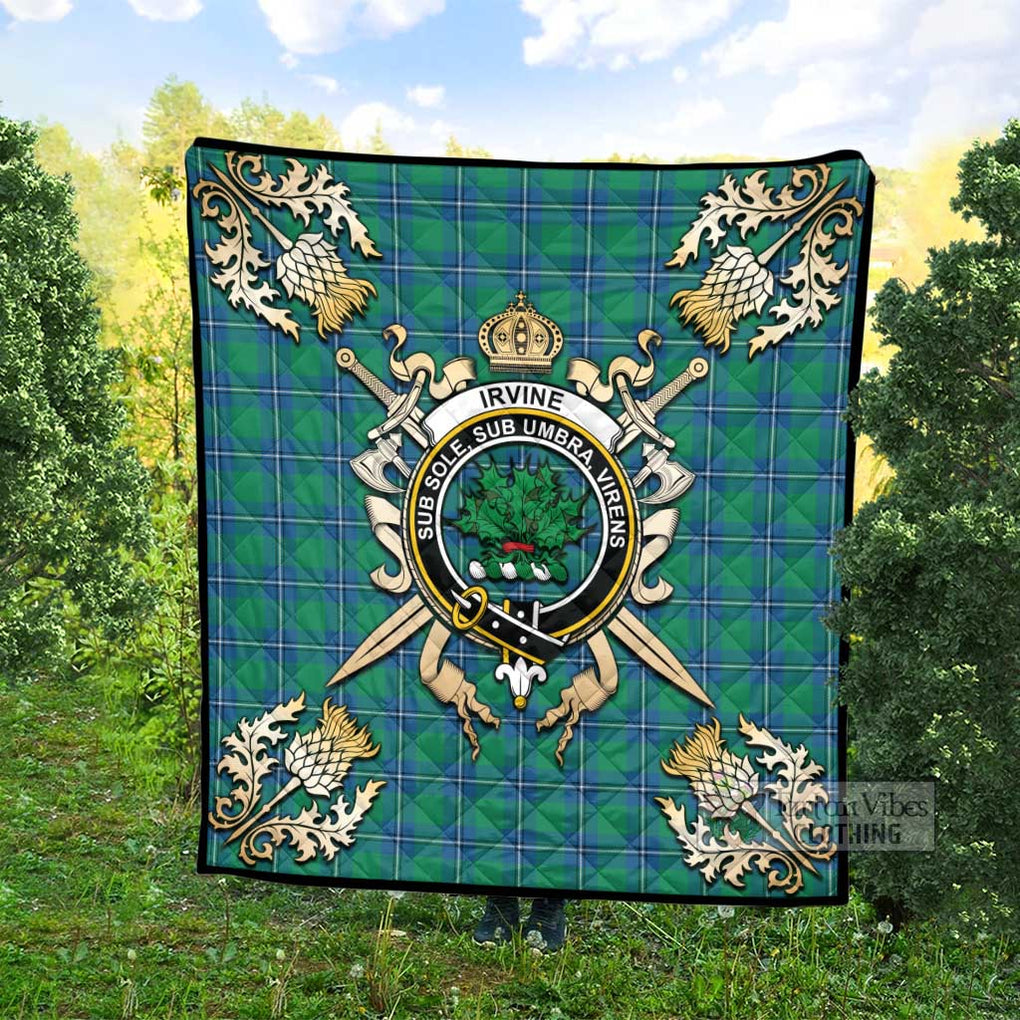 Tartan Vibes Clothing Irvine Tartan Quilt with Family Crest and Scottish Golden Courage Shield