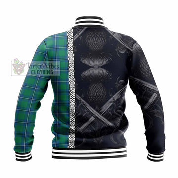 Irvine Tartan Baseball Jacket with Family Crest Cross Sword Thistle Celtic Vibes