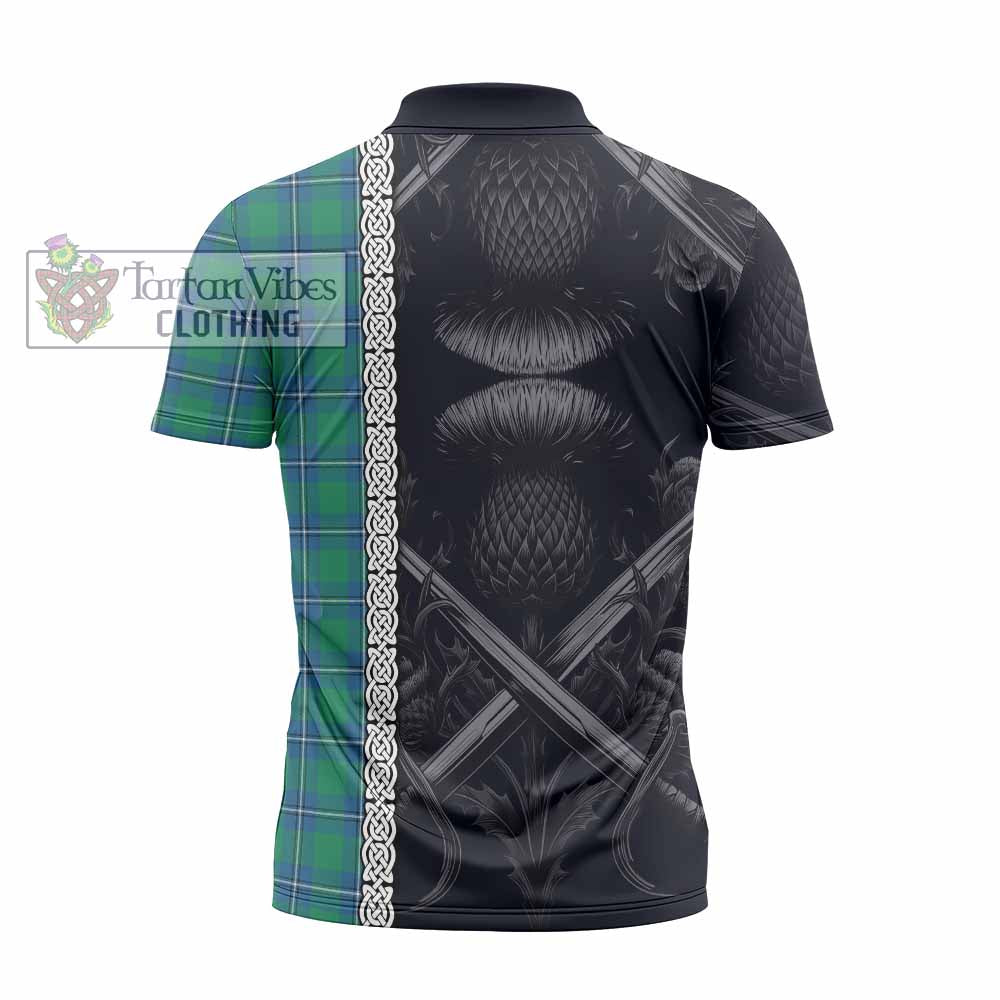 Tartan Vibes Clothing Irvine Tartan Zipper Polo Shirt with Family Crest Cross Sword Thistle Celtic Vibes