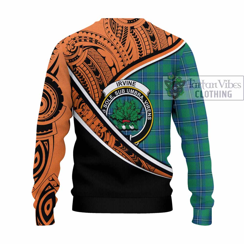 Tartan Vibes Clothing Irvine Crest Tartan Knitted Sweater with Maori Tattoo Style - Orange Version