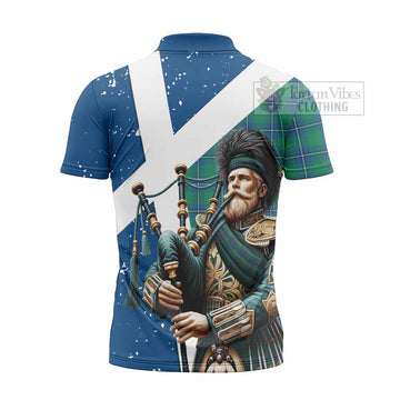 Irvine Tartan Zipper Polo Shirt with Family Crest Scottish Bagpiper Vibes