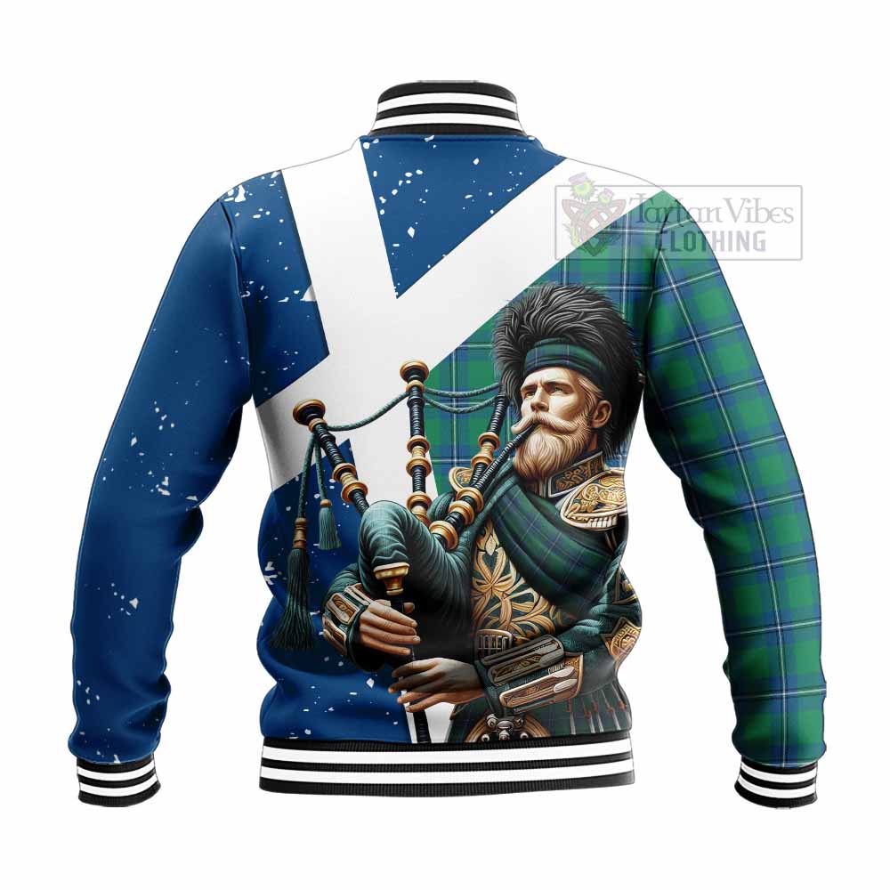 Tartan Vibes Clothing Irvine Tartan Baseball Jacket with Family Crest Scottish Bagpiper Vibes