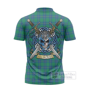 Irvine Tartan Zipper Polo Shirt with Family Crest Celtic Skull Style