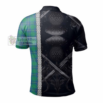 Irvine Tartan Polo Shirt with Family Crest Cross Sword Thistle Celtic Vibes