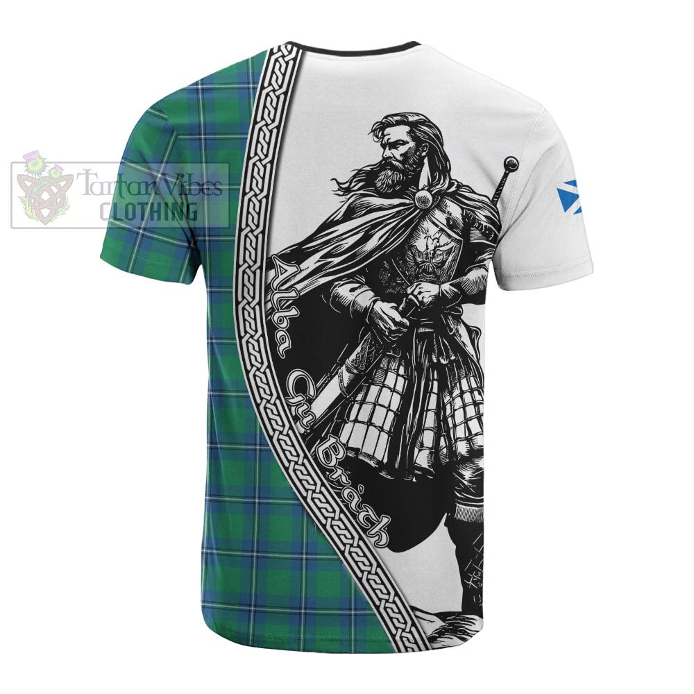 Irvine Tartan Clan Crest Cotton T-shirt with Highlander Warrior Celtic Style