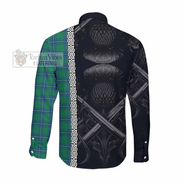 Irvine Tartan Long Sleeve Button Shirt with Family Crest Cross Sword Thistle Celtic Vibes