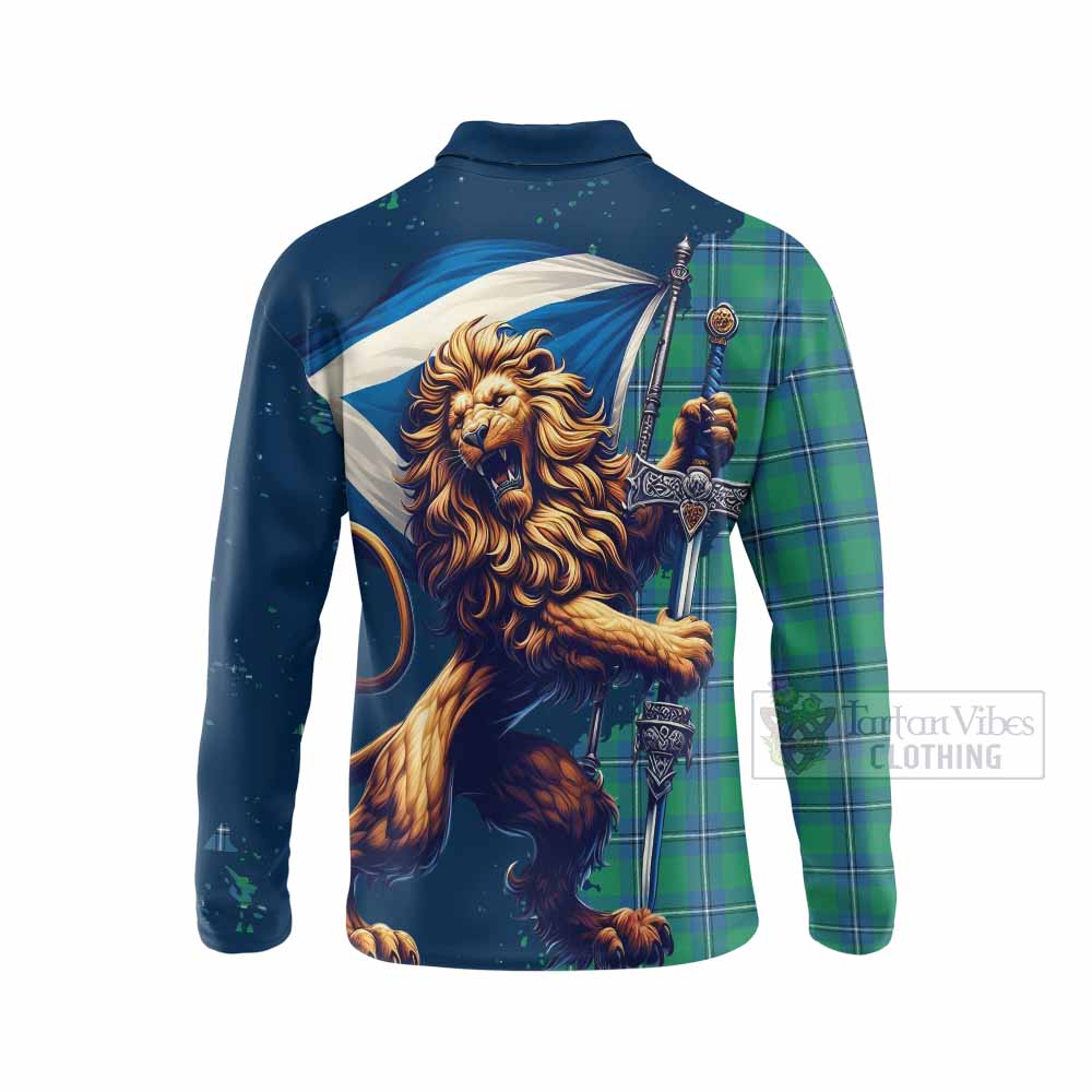 Tartan Vibes Clothing Irvine Tartan Family Crest Long Sleeve Polo Shirt with Scottish Majestic Lion