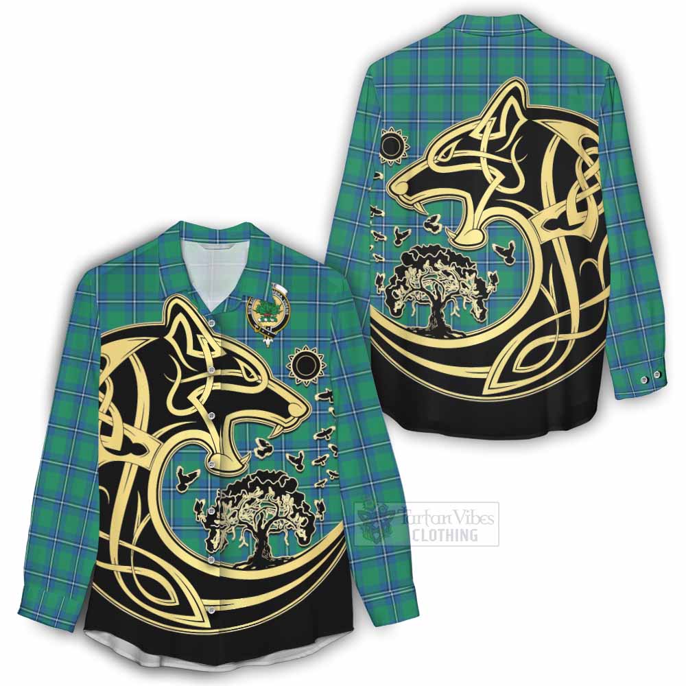 Tartan Vibes Clothing Irvine Tartan Women's Casual Shirt with Family Crest Celtic Wolf Style