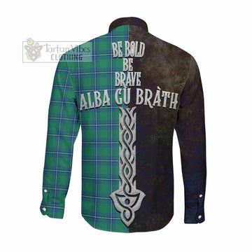 Irvine Tartan Family Crest Long Sleeve Button Shirt Alba Gu Brath Be Brave Lion Ancient Style Men's Shirt - Tartan Vibes Clothing