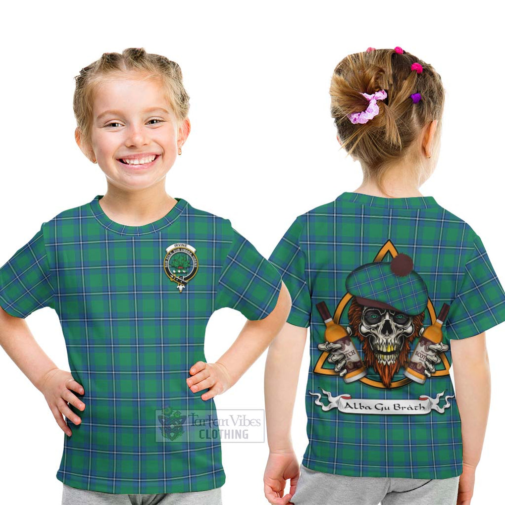 Tartan Vibes Clothing Irvine Tartan Kid T-Shirt with Family Crest and Bearded Skull Holding Bottles of Whiskey