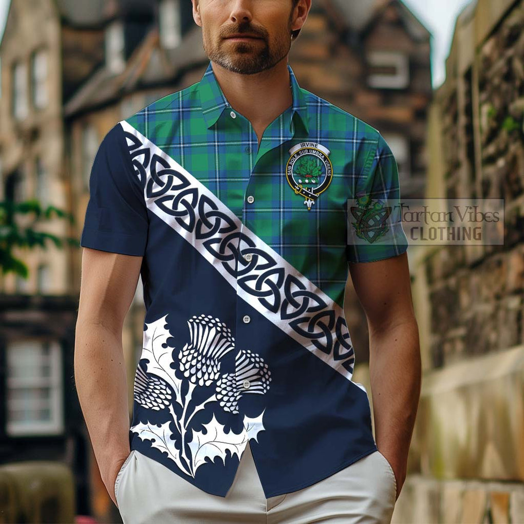 Tartan Vibes Clothing Irvine Tartan Short Sleeve Button Shirt Featuring Thistle and Scotland Map