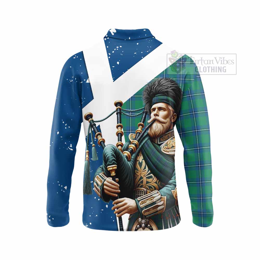 Tartan Vibes Clothing Irvine Tartan Long Sleeve Polo Shirt with Family Crest Scottish Bagpiper Vibes