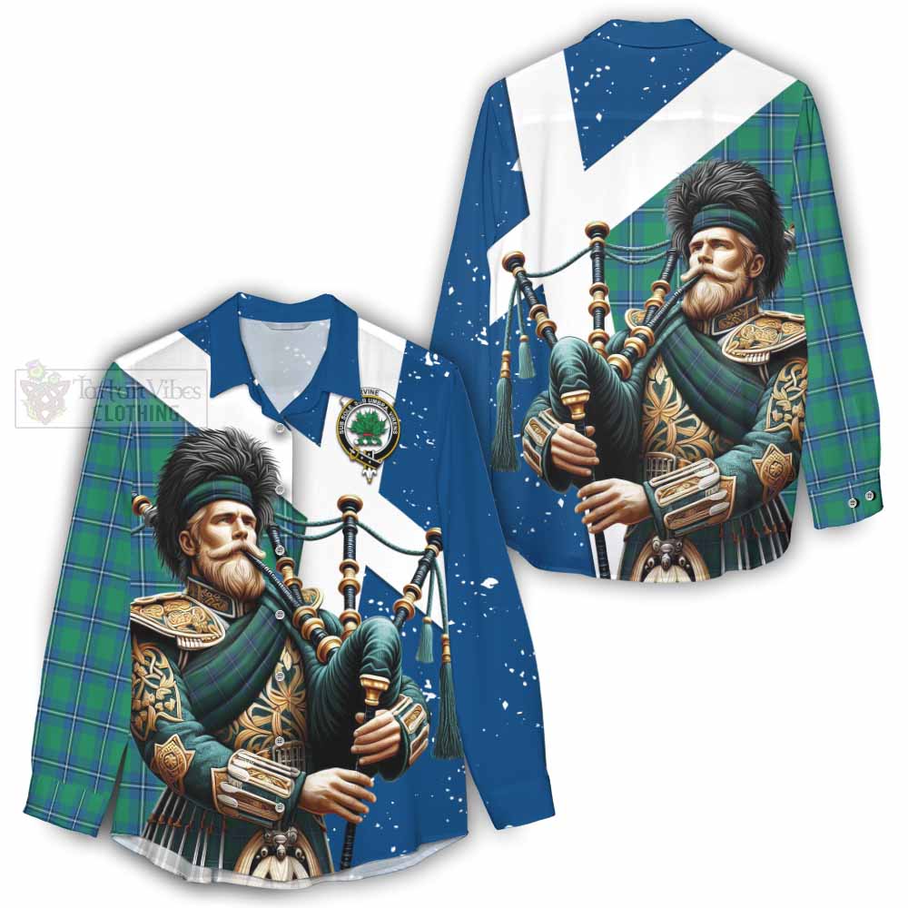 Tartan Vibes Clothing Irvine Tartan Women's Casual Shirt with Family Crest Scottish Bagpiper Vibes