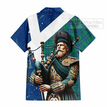 Irvine Tartan Short Sleeve Button Shirt with Family Crest Scottish Bagpiper Vibes