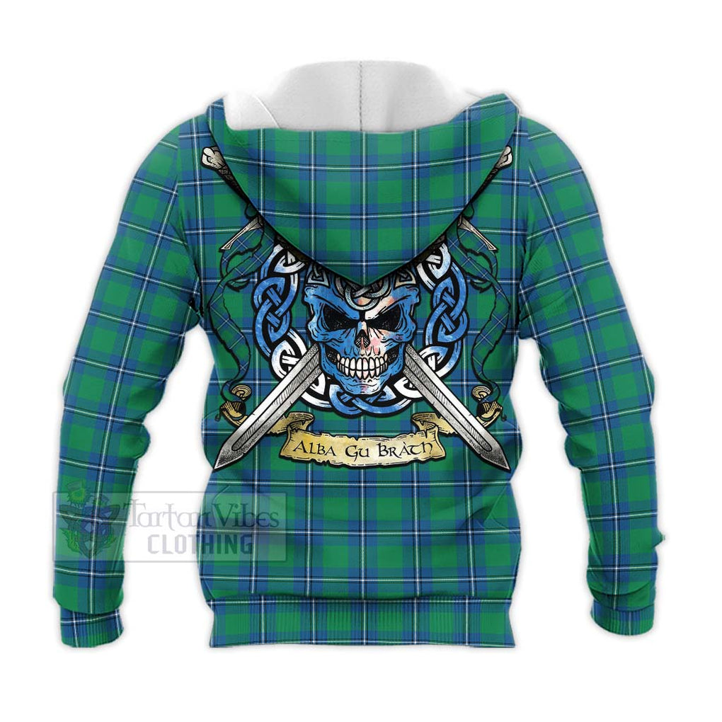 Tartan Vibes Clothing Irvine Tartan Knitted Hoodie with Family Crest Celtic Skull Style