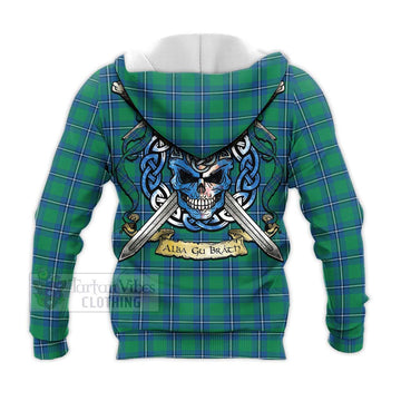 Irvine Tartan Knitted Hoodie with Family Crest Celtic Skull Style