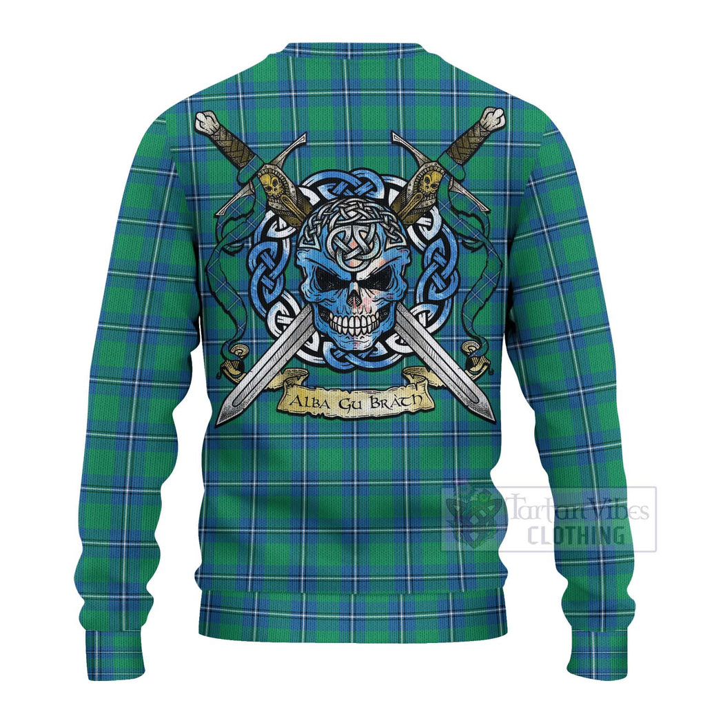 Tartan Vibes Clothing Irvine Tartan Knitted Sweater with Family Crest Celtic Skull Style