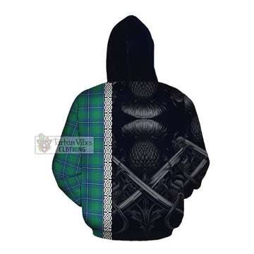 Irvine Tartan Cotton Hoodie with Family Crest Cross Sword Thistle Celtic Vibes