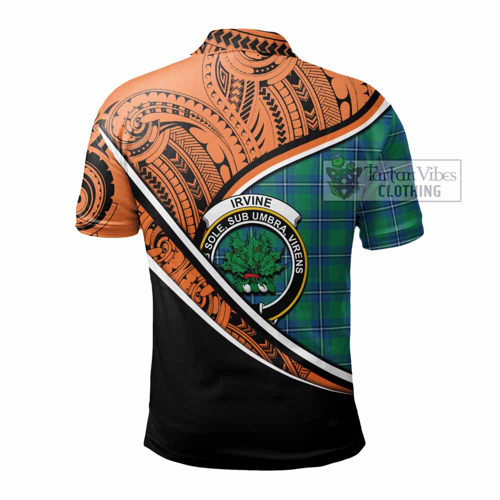 Tartan Vibes Clothing Irvine Crest Tartan Polo Shirt with Maori Tattoo Style - Orange Version