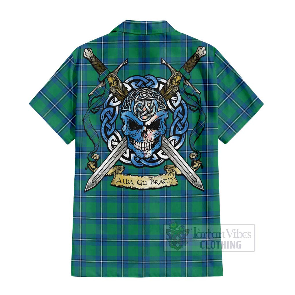 Tartan Vibes Clothing Irvine Tartan Short Sleeve Button Shirt with Family Crest Celtic Skull Style