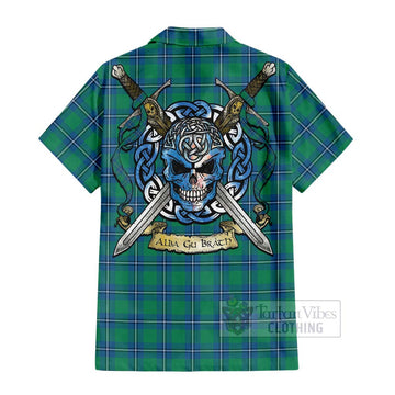 Irvine Tartan Short Sleeve Button Shirt with Family Crest Celtic Skull Style