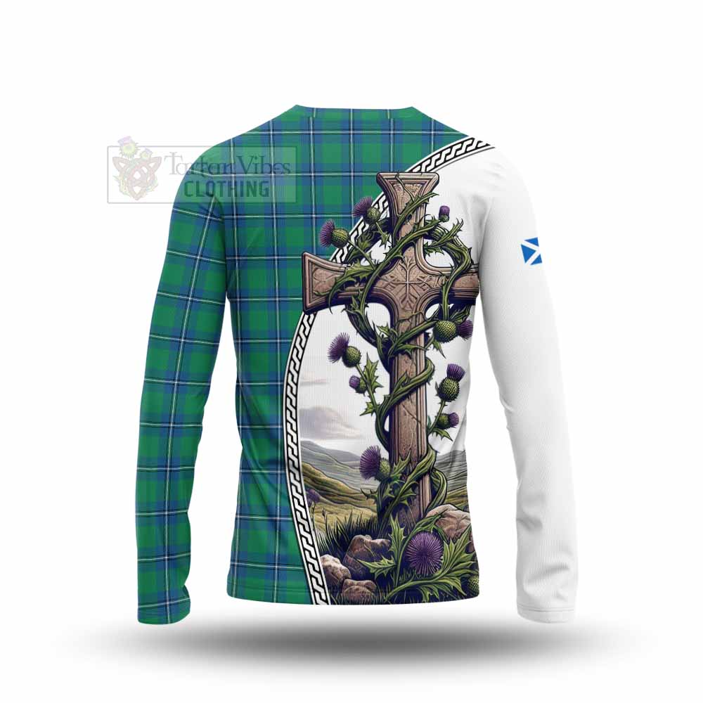 Tartan Vibes Clothing Irvine Tartan Long Sleeve T-Shirt with Family Crest and St. Andrew's Cross Accented by Thistle Vines