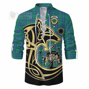 Irvine Tartan Ghillie Kilt Shirt with Family Crest Celtic Wolf Style