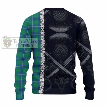 Irvine Tartan Knitted Sweater with Family Crest Cross Sword Thistle Celtic Vibes