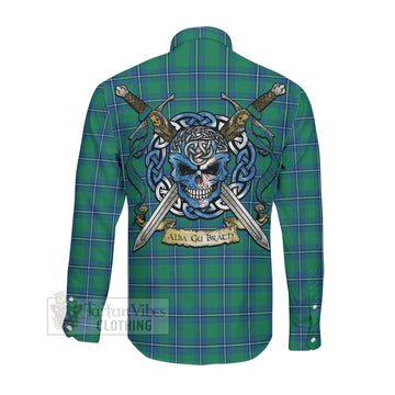 Irvine Tartan Long Sleeve Button Shirt with Family Crest Celtic Skull Style