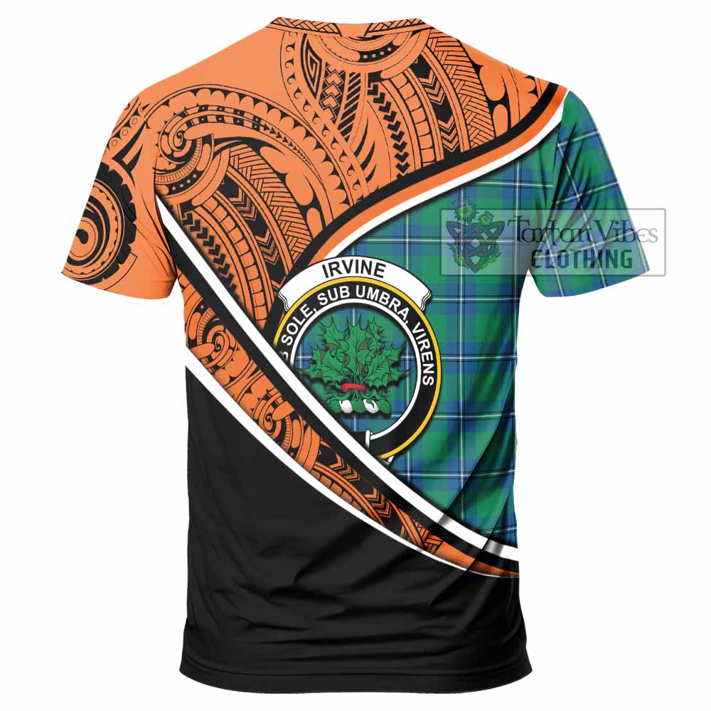 Tartan Vibes Clothing Irvine Crest Tartan T-Shirt with Maori Tattoo Style - Orange Version