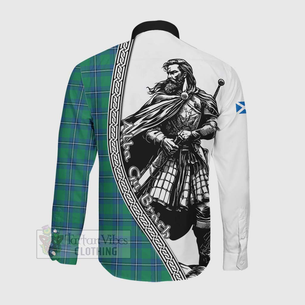 Tartan Vibes Clothing Irvine Tartan Clan Crest Long Sleeve Button Shirt with Highlander Warrior Celtic Style