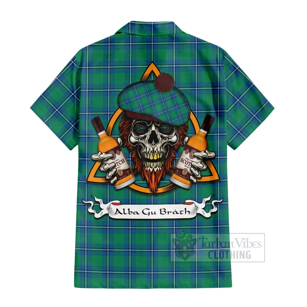 Tartan Vibes Clothing Irvine Tartan Short Sleeve Button Shirt with Family Crest and Bearded Skull Holding Bottles of Whiskey