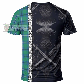 Irvine Tartan T-Shirt with Family Crest Cross Sword Thistle Celtic Vibes