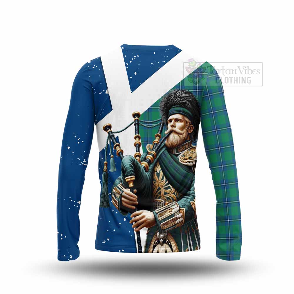 Tartan Vibes Clothing Irvine Tartan Long Sleeve T-Shirt with Family Crest Scottish Bagpiper Vibes