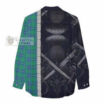 Irvine Tartan Women's Casual Shirt with Family Crest Cross Sword Thistle Celtic Vibes