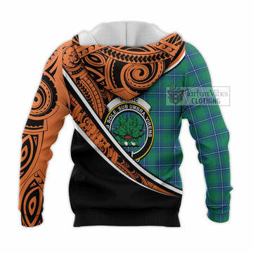 Irvine Crest Tartan Knitted Hoodie with Polynesian Vibes Style - Orange Version