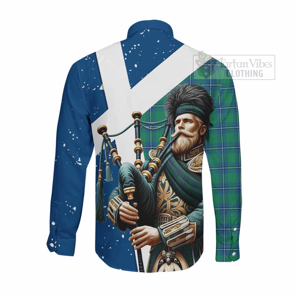 Tartan Vibes Clothing Irvine Tartan Long Sleeve Button Shirt with Family Crest Scottish Bagpiper Vibes