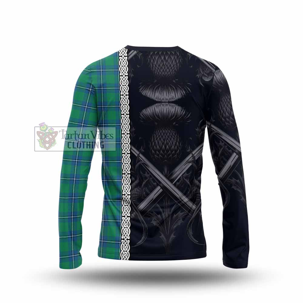 Tartan Vibes Clothing Irvine Tartan Long Sleeve T-Shirt with Family Crest Cross Sword Thistle Celtic Vibes