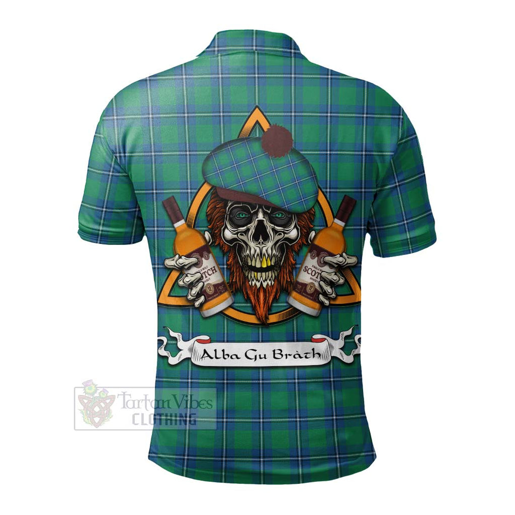 Tartan Vibes Clothing Irvine Tartan Polo Shirt with Family Crest and Bearded Skull Holding Bottles of Whiskey