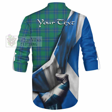 Irvine Tartan Ghillie Kilt Shirt with Family Crest Scotland Patriotic Style