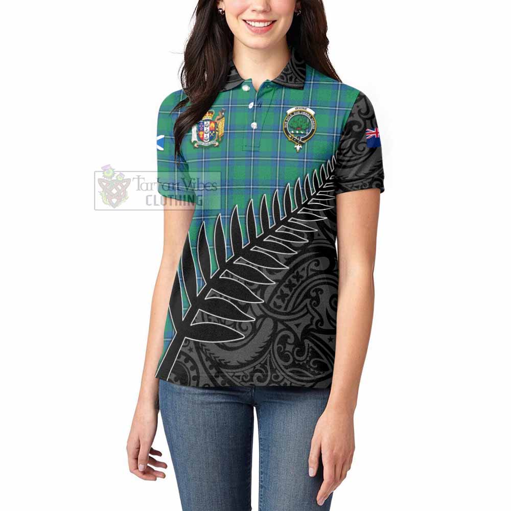 Tartan Vibes Clothing Irvine Crest Tartan Women's Polo Shirt with New Zealand Silver Fern Half Style