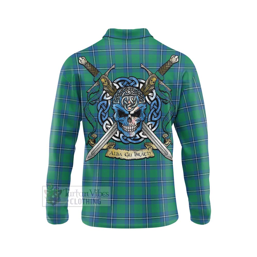 Tartan Vibes Clothing Irvine Tartan Long Sleeve Polo Shirt with Family Crest Celtic Skull Style