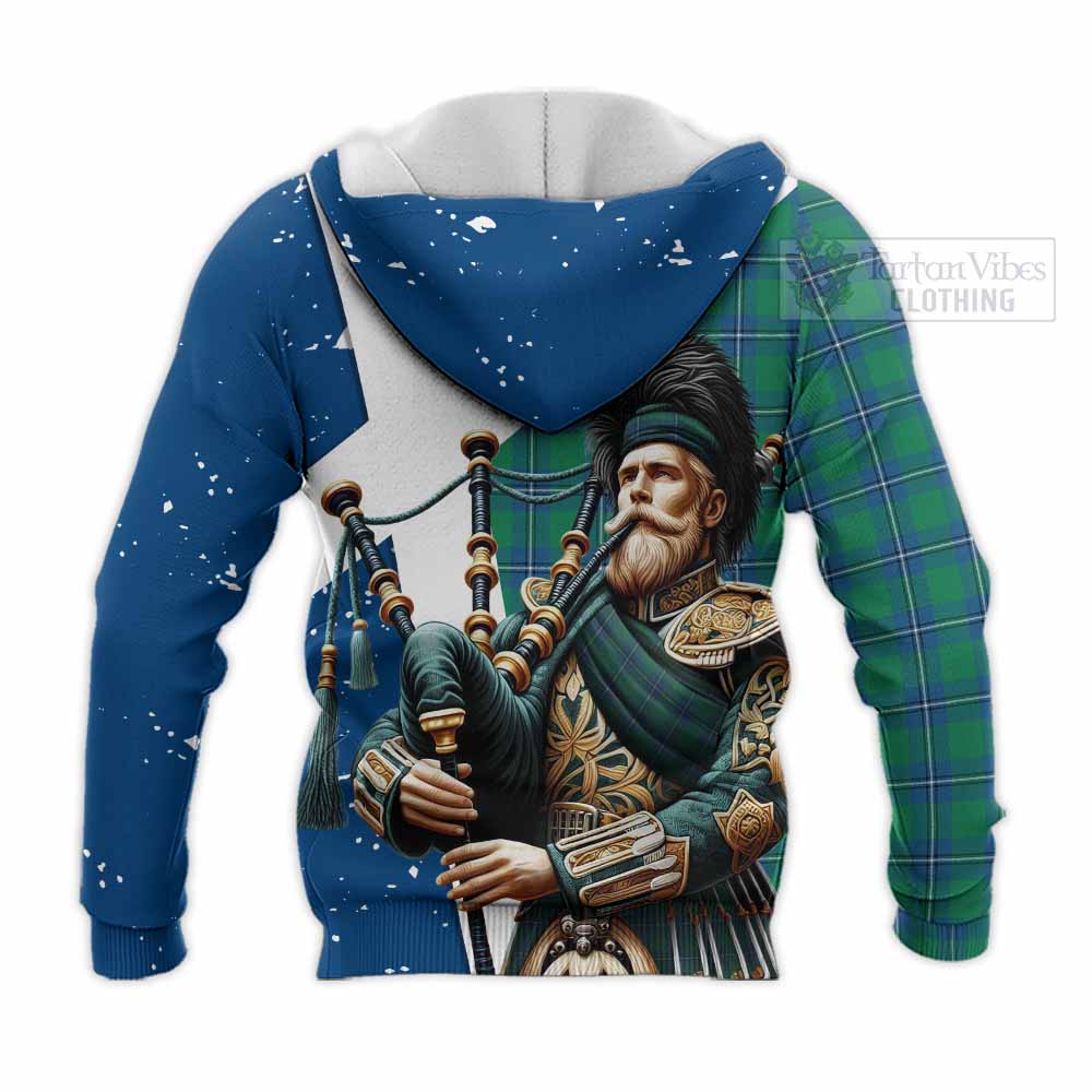 Tartan Vibes Clothing Irvine Tartan Knitted Hoodie with Family Crest Scottish Bagpiper Vibes