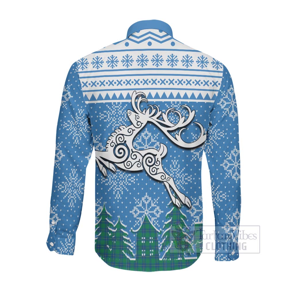 Tartan Vibes Clothing Irvine Clan Christmas Long Sleeve Button Shirt Celtic Reindeer Style