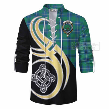 Irvine Tartan Ghillie Kilt Shirt with Family Crest and Celtic Symbol Style