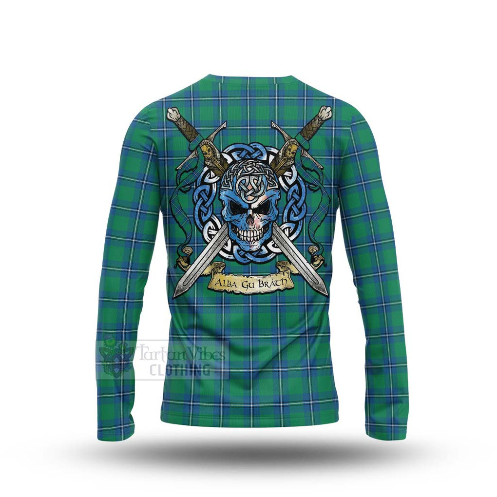 Tartan Vibes Clothing Irvine Tartan Long Sleeve T-Shirt with Family Crest Celtic Skull Style