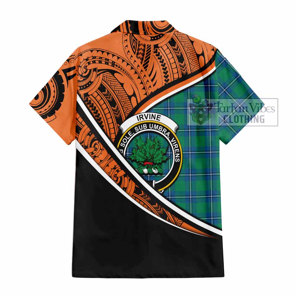 Tartan Vibes Clothing Irvine Crest Tartan Short Sleeve Button Shirt with Maori Tattoo Style - Orange Version