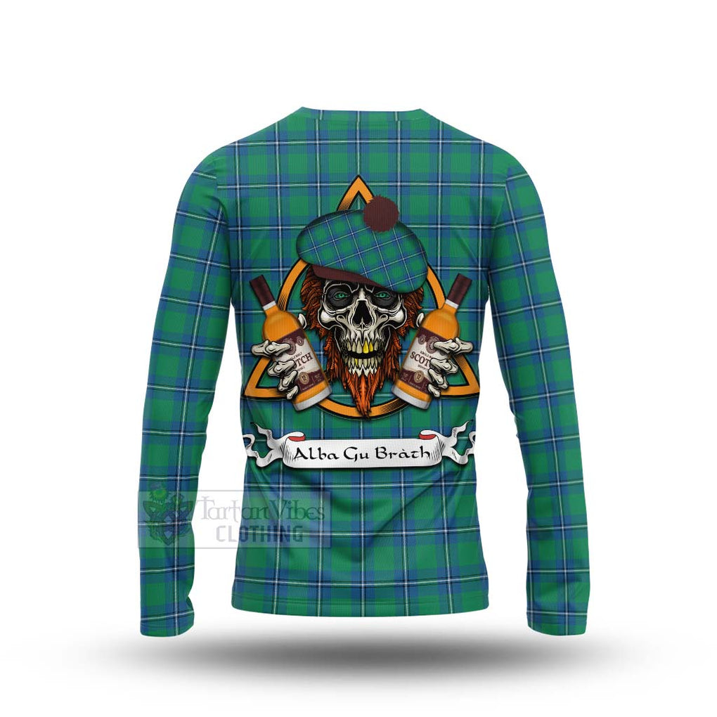 Tartan Vibes Clothing Irvine Tartan Long Sleeve T-Shirt with Family Crest and Bearded Skull Holding Bottles of Whiskey