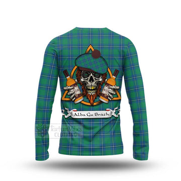 Irvine Tartan Long Sleeve T-Shirt with Family Crest and Bearded Skull Holding Bottles of Whiskey