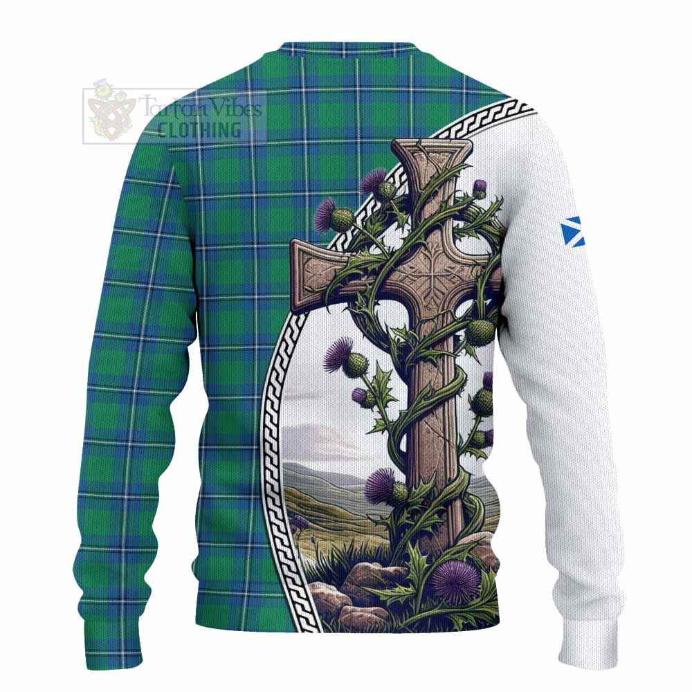 Tartan Vibes Clothing Irvine Tartan Knitted Sweater with Family Crest and St. Andrew's Cross Accented by Thistle Vines